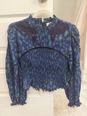 FARM Rio Blue and Green Smocked Long-Sleeve Top